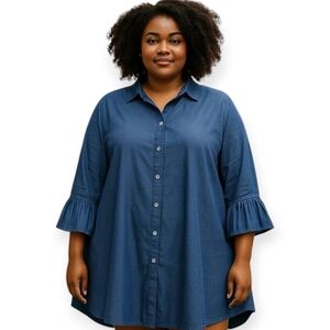 Gretchen Scott Cotton Denim Style Chambray Pleated Bell Top